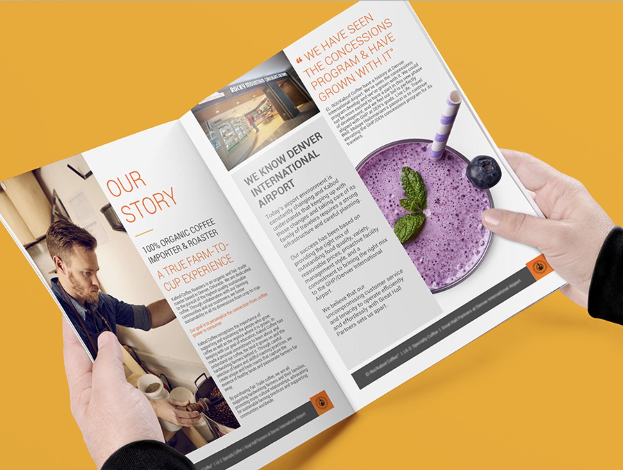 Open coffee company brochure with print graphic design from Denver, Colorado